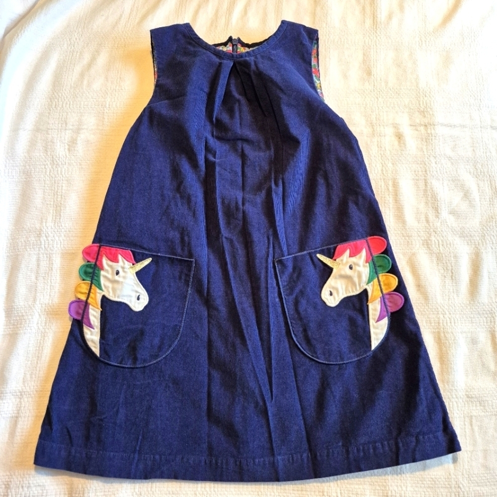 Mini Boden girls size 8-9 unicorn pinnafore, fully lined with liberty fabric EUC